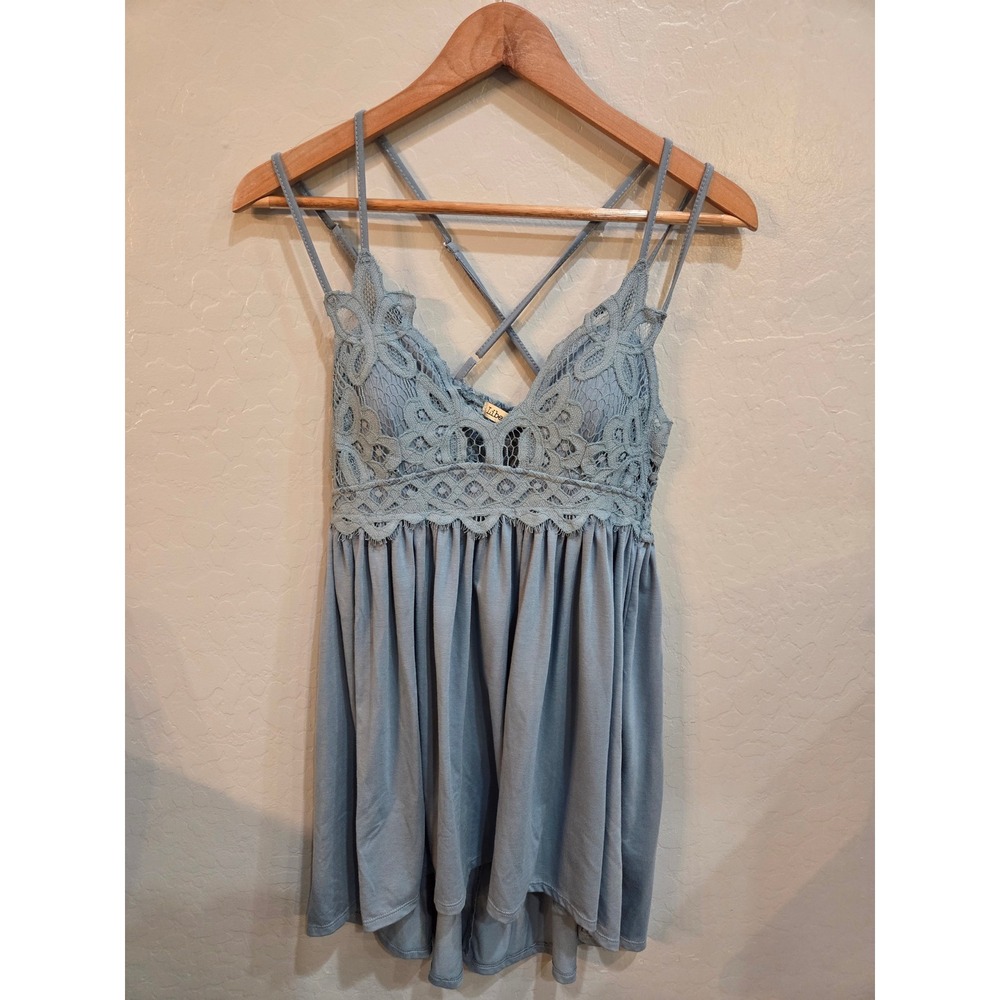 Liberty Love Lace Bodice Mini Dress Dusty Blue Boho Empire Waist Small